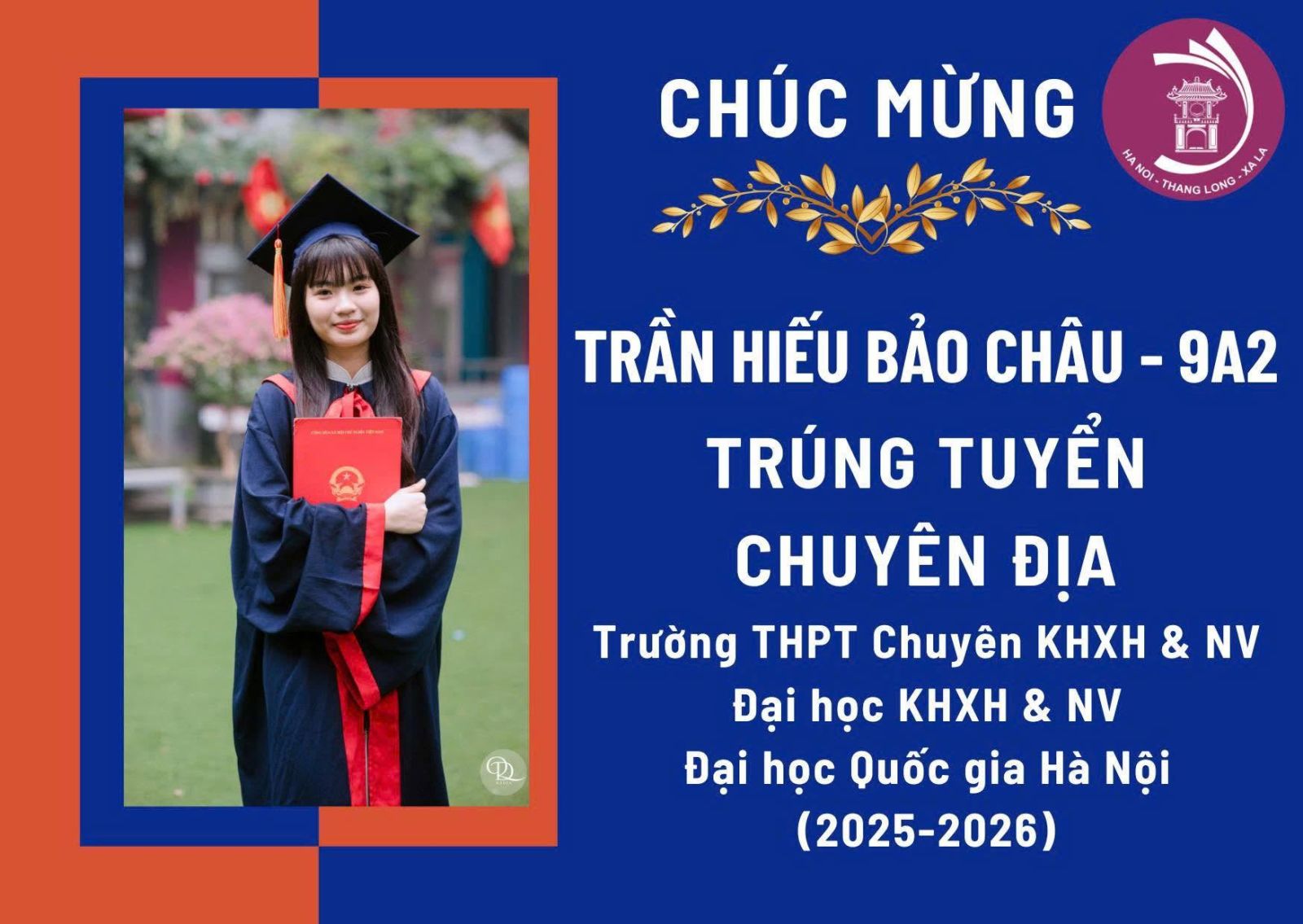 CHÚC MỪNG TRẦN HIẾU BẢO CHÂU - 9A2 TRÚNG TUYỂN CHUYÊN ĐỊA TRƯỜNG THPT CHUYÊN KHXH&NV - ĐẠI HỌC QUỐC GIA HÀ NỘI